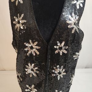 Vintage AJNY Sequin Vest Black with Silver Flowers Size Small
